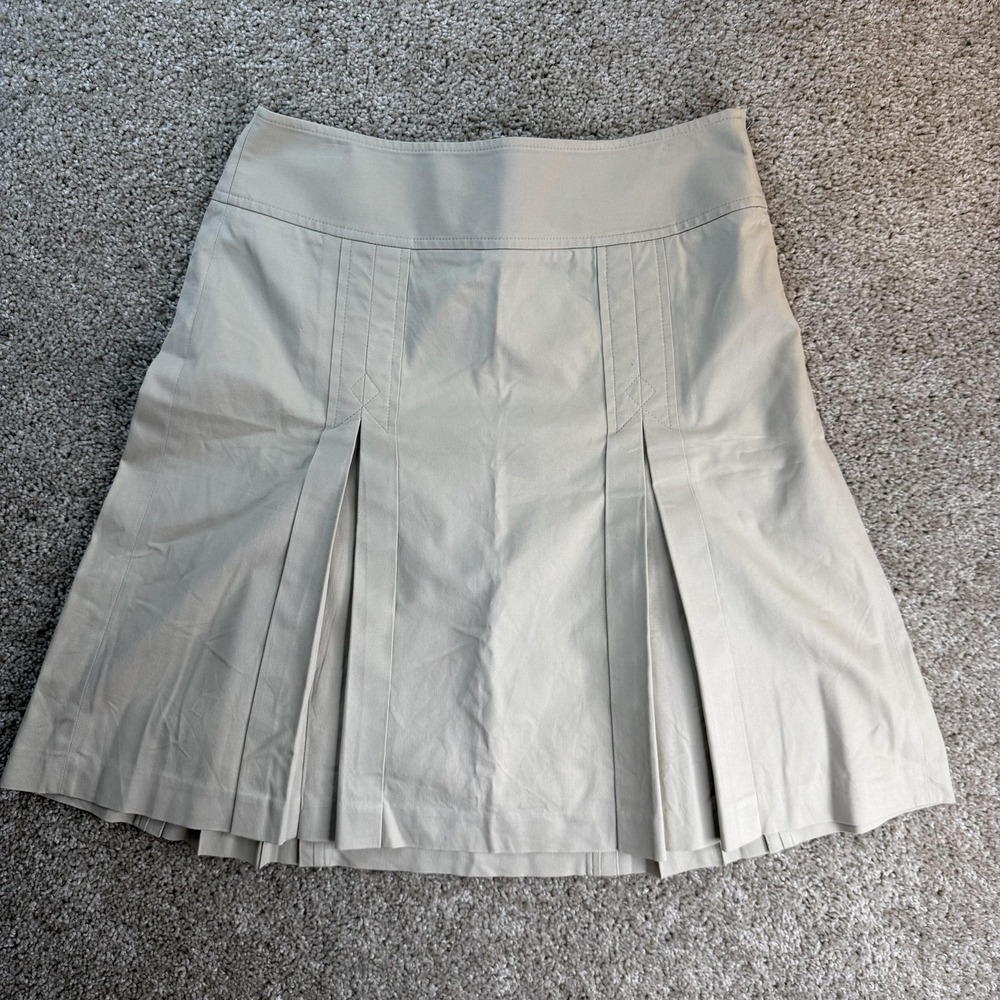 Ann Taylor LOFT Skirt Womens 4 Beige Solid Pleated Knee Length Twill Stretch